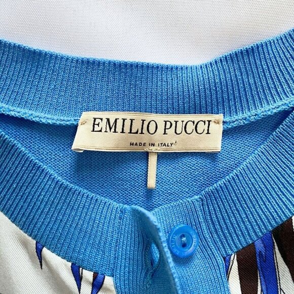 EMILIO PUCCI BLUE KNIT WHITE SATIN LEAF PRINT COMBO CARDIGAN - XS - Picture 5 of 8